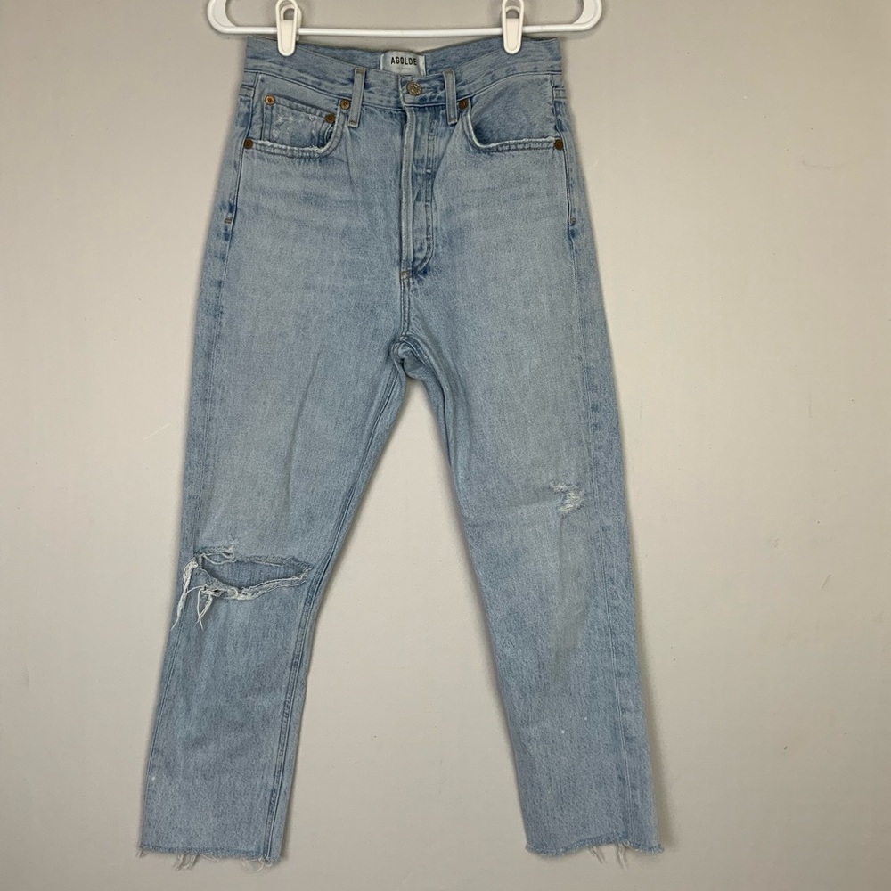 AGOLDE Sz 25 Riley High Rise Straight Crop Distressed Jeans Shatter Light Wash